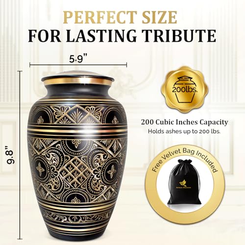 Cremation Urns for Human Ashes – Handcrafted 200 Cu in Brass Memorial Urn with Tight-Seal Lid – A Beautiful, Lasting Tribute for Loved Ones (Black, Large) - color: Black