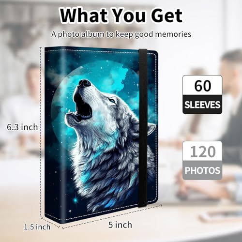 Photo Album 4x6 120 Pockets Photos with Elastic Band, Cute PU Leather Photo Books Small Mini Capacity Picture Album for Family Wedding Travel Anniversary Baby Vacation Pictures, Moon Wolf - color: Moon Wolf