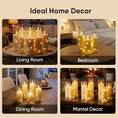 Homemory Flameless Candles with Remote Timer, Clear Acrylic Flickering LED Pillar Candles with Embedded Fairy String Lights, Battery Operated Candles for Wedding Fireplace Lantern Home Decor, Set of 9 | Battery operated flickering LED pillar candles, dual