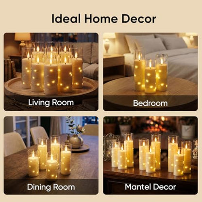 Homemory Flameless Candles with Remote Timer, Clear Acrylic Flickering LED Pillar Candles with Embedded Fairy String Lights, Battery Operated Candles for Wedding Fireplace Lantern Home Decor, Set of 9 | Battery operated flickering LED pillar candles, dual