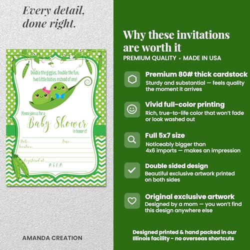 Two Peas in a Pod Theme Twin Baby Shower 20 Invitations 5"x7" Fill-In Cards with Envelopes, Boy and Girl Twin Shower Stationery Set, Design for Celebration, Made in USA by Amanda Creation - style: Two Peas in a Pod Twin Boy and Girl