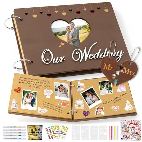 CY2SIDE Our Wedding Scrapbook Album - 111PCS DIY Wooden Memory Photo Book Craft Kit with Stickers Markers Stencils Photo Corner Mr & Mrs Ornament, Picture Journal Gift for Bridal Wedding Anniversary - style: Wedding