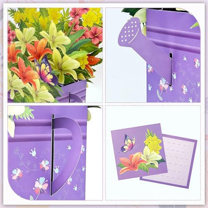 Pop Up Flower Bouquet Card, Paper Lily Bouquet Birthday Card | 3D Greeting Card for Wife, Mom, Grandma, Unique Get Well Soon & Thank You Card with Blank Notecard & Envelope - color: Lily Watering Can