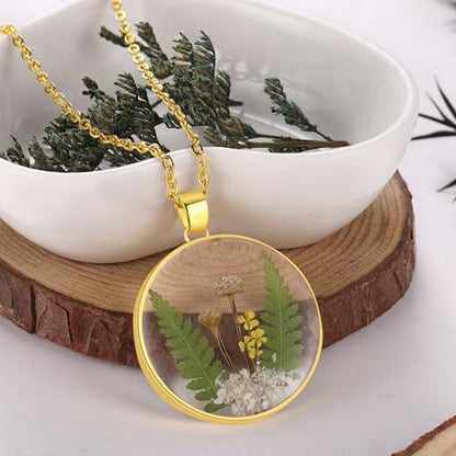 AUNTESIGN Forget-Me-Not and Queen Anne's Lace Pressed Wildflower Necklace | Birth Month Flowers Necklace | Gold/Silver Pressed Flower Jewelry | Mother's Day | Gift For Her - color: Mushroom Necklace
