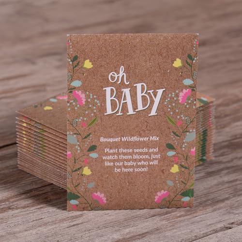 Oh Baby Flower Seeds Packets - Girl/Boy Baby Shower Favors - Pre-Filled, 25 Wildflower Seed Packs for Favor - Eco-Friendly Gift & Babys Guest Giveaways - Non-GMO Seeds - Brown - style: Oh Baby Natural