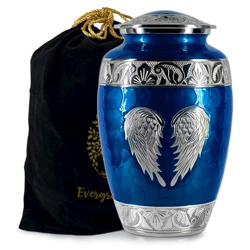 Blue Cremation Urn for Adult Human Ashes Male and Female – Large Funeral Burial Urns with Angel Wings, Decorative Memorial Ash Holder - color: Navy Blue, size: Single Large