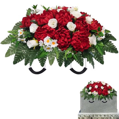 Headstone Flowers – Artificial Cemetery Flowers for Grave, Artificial Red Roses and Chrysanthemums Mixed - Easy to Install Cemetery Flowers for Grave Saddle - color: Red+white