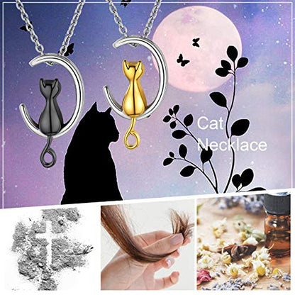 FindChic Personalized Urn Necklaces for Ashes Vertical Bar/Moon Cat/Sand Clock/Dog Claw Pendant Stainless Steel/18K Gold Plated/Black Waterproof Keepsake Cremation Jewelry with Funnel, with Gift Box - color: 2. cat (black)
