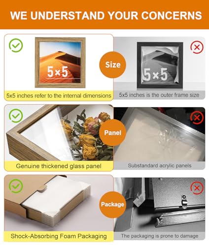 5x5 Small Shadow Box Frame with Ultra-Clear Glass & Soft Linen Back | With Push Pins, Deep 1.2" Brown Shadow Box Display Case – Display on Tabletop or Wall for Insect, Photo, Flower, Keepsakes - color: Brown+high Definition Panel + Shatter-proof Packaging