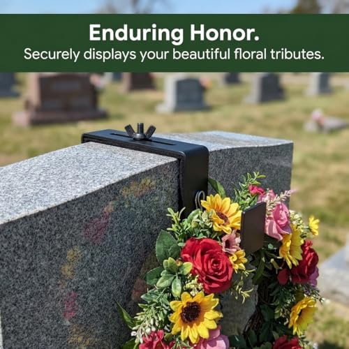 Carson Adjustable Headstone Wreath Holder – Black Metal Grave Hanger with Protective Padding – Secure Cemetery Saddle for Memorial Wreath Display 4.5 to 8.75 Inch Fit