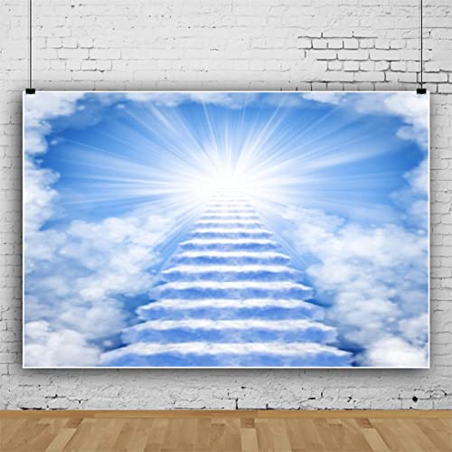 6x4ft Heaven Backdrop - Stairs to Heaven Paradise God Bless Banner - Blue Sky Clouds Church Events Memory Backdrop - Rest in Peace - color: Blue02, size: 6x4ft