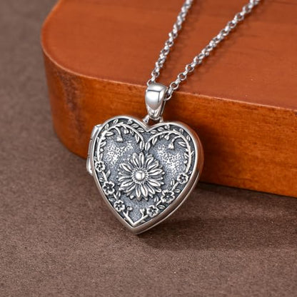 Heart Locket Necklace 925 Sterling Silver Custom Photo Pendant That Holds Pictures Memorial Jewelry Gifts for Women Mom Daughter - color: Sunflower, style: 1-no custom