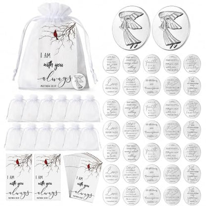 100 Sets Memorial Angel Sign Set Pocket Angel Tokens Coins Inspirational Christian Bible Verb Quotes Funeral Cardinal Sign I Am with You Always Cards White Organza Bags Guardian Gift Bag Angel Charms