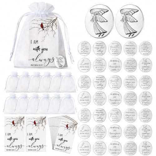 100 Sets Memorial Angel Sign Set Pocket Angel Tokens Coins Inspirational Christian Bible Verb Quotes Funeral Cardinal Sign I Am with You Always Cards White Organza Bags Guardian Gift Bag Angel Charms