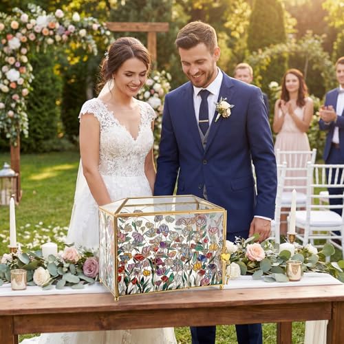 Patelai Floral Stained 12.6 Inch Large Wedding Glass Card Box with Slot | Wedding Envelope Holder for Reception Gold Card Box with Lock Decorative Baby Shower Birthday Party Bridal Shower - size: 10.43 x 5.9 x 8.46 Inches