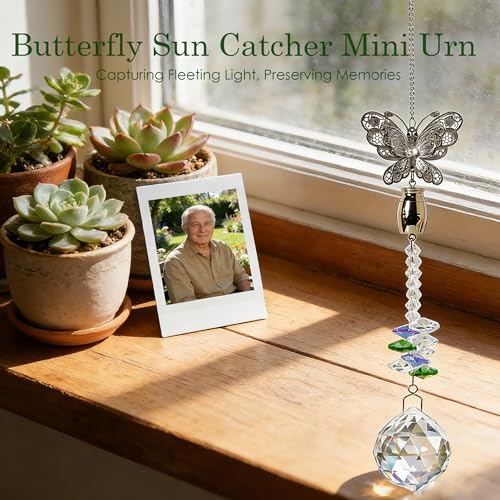 Butterfly Crystal Catcher Mini Urn for Ashes Keepsake Suncatcher with Small Cremation Holder,Hanging Memorial Decor mini urn,1.2 Inches Tiny urn for Human or Pet Ashes Sharing Memorial Urn