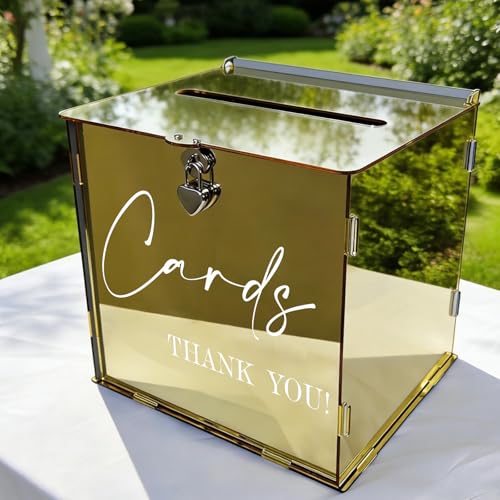 Gold Acrylic Card Box with Lock & Slot, Classy Golden Wedding Card Boxes for Reception, Luxury Monetary Envelope Gift Box for Party Graduation Birthday Anniversary Baby Shower All Occasions - color: Golden