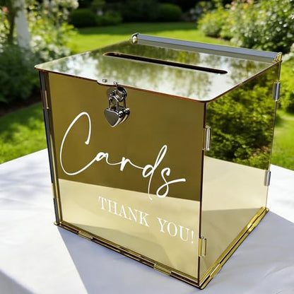 Gold Acrylic Card Box with Lock & Slot, Classy Golden Wedding Card Boxes for Reception, Luxury Monetary Envelope Gift Box for Party Graduation Birthday Anniversary Baby Shower All Occasions - color: Golden