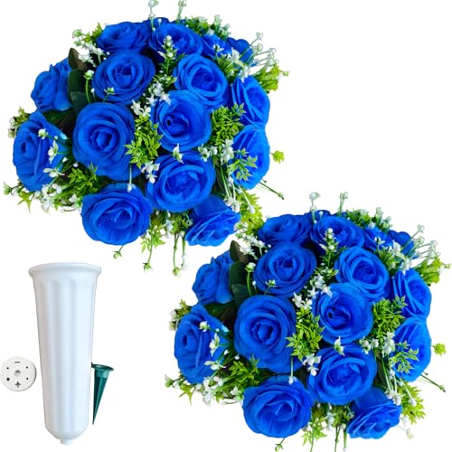 Set of 2 Cemetery Flowers for Grave, Blue Silk Artificial Rose Memorial Arrangements for Headstones, Graveside Grave Vase Decorations, Outdoor UV Resistant Funeral Sympathy Flowers (Blue) - color: Blue
