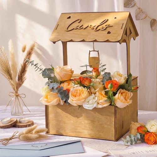 OurWarm Wooden Wishing Well Wedding Card Box with Lock & Flower Trough, Brown Wedding Card Boxes for Reception, Rustic Box for Cards at a Party for Birthday Graduation Baby Shower Reception Decor