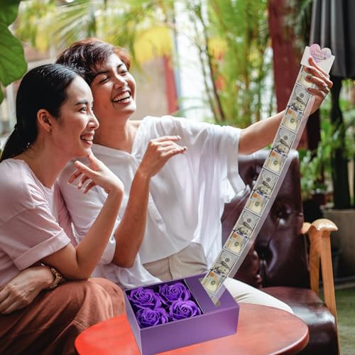 Money Box for Cash Gift Pull, Money Gift Boxes for Cash on Birthday, Christmas, Graduation, Mother's Day, for Husband, Wife, Girlfriend, Mother With Soap Rose Flower and Greeting Cards - Purple - color: Purple