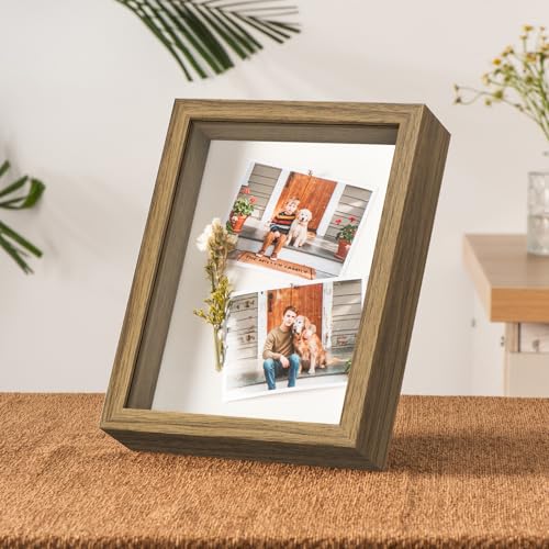 6x8 Small Shadow Box Frame with Ultra-Clear Glass & Soft Linen Back | With Push Pins and Stand, Deep 1.2" Brown Shadow Box Display Case – Display on Tabletop or Wall for Photo, Flower, Keepsakes - color: Brown+high Definition Panel + Shatter-proof Packagi