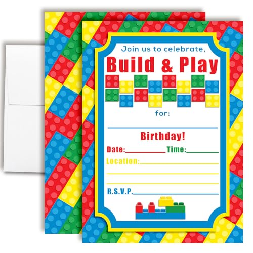 Building Blocks Birthday Party Invitations, 20 5x7 Fill In Cards with Twenty White Envelopes by AmandaCreation - color: Building Blocks