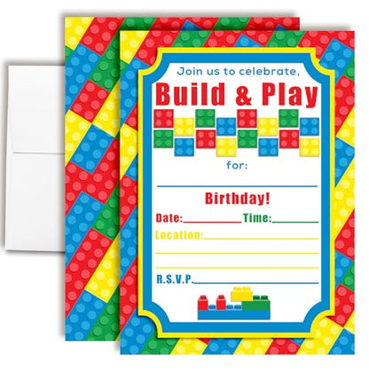 Building Blocks Birthday Party Invitations, 20 5x7 Fill In Cards with Twenty White Envelopes by AmandaCreation - color: Building Blocks