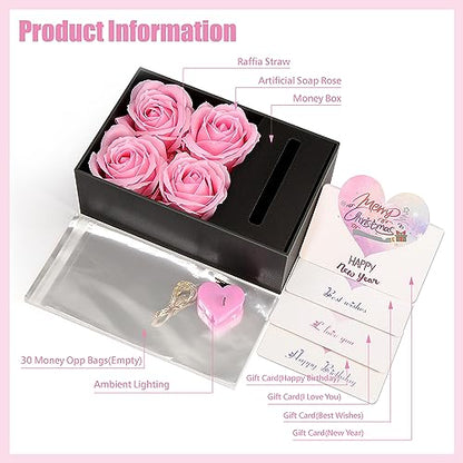 Money Box for Cash Gift Pull, Money Gift Boxes for Cash on Birthday, Christmas, Graduation, Mother's Day, for Husband, Wife, Girlfriend, Mother With Soap Rose Flower and Greeting Cards (Black+Pink) - color: Black+Pink