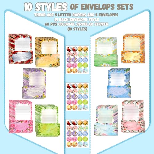 TaoBary 160 Pcs Flower Stationery Paper and Envelopes Set 50 Double Sided Lined Stationery Paper with 50 Matching Envelopes and 60 Round Dot Sticker 8.5 x 11'' Letter Writing Kit, 10design - size: 8.5 x 11 Inch, style: Flower