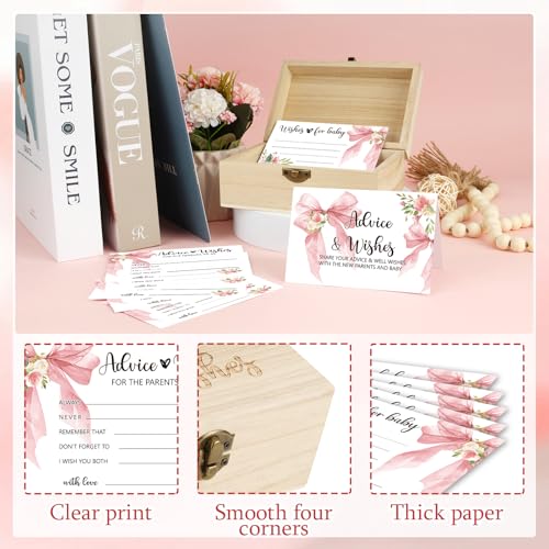 50 PCS Pink Bow Baby Shower Advice Cards For Parents To Be, Advice and Wishes Cards with Box for Baby Shower Games Advice for New Parents Baby Showers - color: Pink Bow