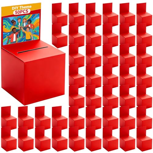 50 Pack Raffle Box Ballot Box with Slot, 6 x 6 x 6 Inch Red Cardboard Suggestion Box with Removable Header, for Collecting Business Card Voting Contest Fundraising Donation and Suggestion - color: Red, size: 50Pack