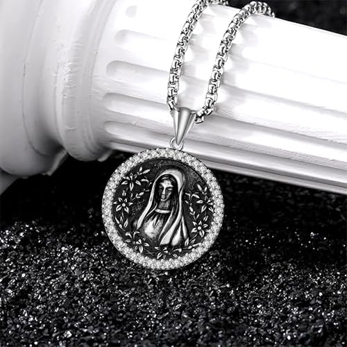 925 Sterling Silver Patron Saint Necklace Amulet Miraculous Medal Pendant Jewelry for Men Women with Friendship Talisman Travel Inspirational Gifts - color: black-B