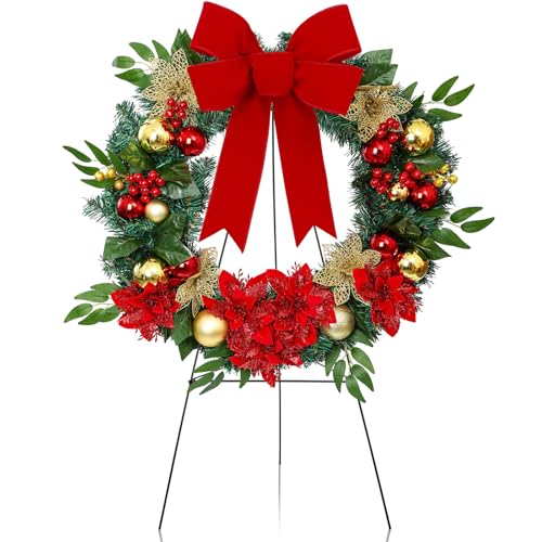 Crowye 24in Christmas Cemetery Wreaths for Graves with 30 Inch Wreath Easel Stand Outdoor Cemetery Stand Decoration Red Bows Xmas Headstone Decor for Memorial Ornament Supplies(Modern) - style: Modern