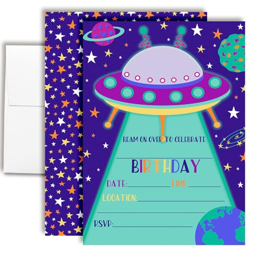 Amanda Creation UFO Birthday Invites - Spaceship Celebration Invitations for Girls, 20 5x7 Double Sided Fill-In Cards with Twenty White Envelopes Kids Party Supplies - style: UFO