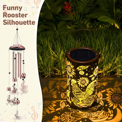 Retisee Rooster Solar Wind Chimes Outdoor Metal Rooster Gifts Solar Light Windchimes Outside Indoors Christmas Decoration Birthday Gift for Home Lawn Porch Patio Garden Yard - style: Rooster