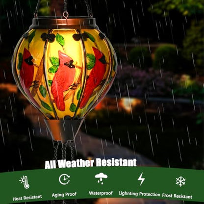 Hot Air Balloon Solar Lantern - Large Cardinal Bird Glass Lantern, Simulated Flickering & Dancing Flame, Big Outdoor Hanging Yard Light Waterproof IP65 for Patio Lawn Porch Decor Gift - style: Cardinal -Large01