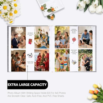600 Pocket 4x6 Photo Album with Writing Space, Linen Cover, Grey - color: 600 Pockets Grey