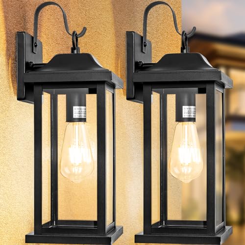 2-Pack Large Outdoor Light Fixtures Porch Lights Exterior Black | 17” Outdoor Sconces Wall Lighting for House Modern, Anti-Rust Waterproof Outside Sconces, Porch Wall Lanterns, ETL List - color: Black, size: No Sensor/2-Pack