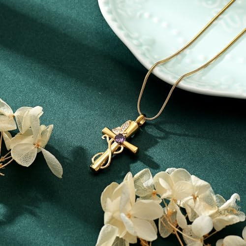 Butterfly Cross Cremation Jewelry Urn Necklaces Cross Butterfly Urn Necklaces for Ashes Memorial Keepsake Pendant for Women Men Gifts With Funnel Kit & Bag - color: Gold+Purple