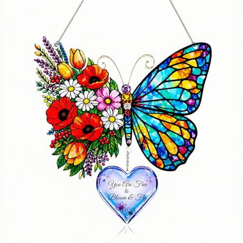 Inspirational Butterfly Gift for Women, Bloom and Fly Suncatcher with Heart Charm, Encouragement Gift for Friend, Mom, Daughter, Sister - color: Butterfly Heart Charm