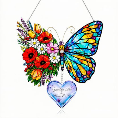 Inspirational Butterfly Gift for Women, Bloom and Fly Suncatcher with Heart Charm, Encouragement Gift for Friend, Mom, Daughter, Sister - color: Butterfly Heart Charm