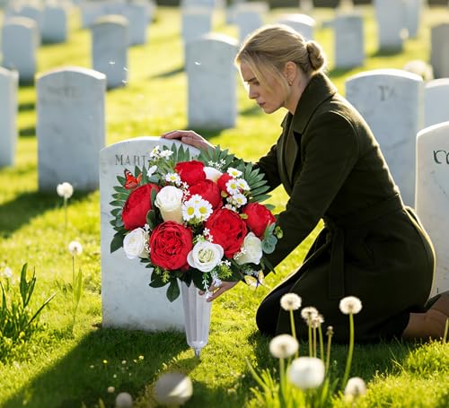 Artificial Flowers for Cemetery with Vase,Cemetery Flowers for Grave Vase,Florist Create Memorial Tombstone Bouquet:Red Peony,White Rose Mix Arrange,Weather Resistant,Easy use - size: 1bouquet with 1vase
