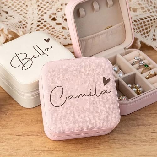 Ajiangwu Bridesmaid Gifts,Custom Travel Jewelry Case for Women,Personalized Small Jewelry Box Mini Teen Girl Gifts Trendy Stuff Jewelry Organizer for Rings, Necklaces, Bracelets - color: Design 1
