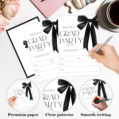 DETIHO Graduation Party Invitations 2026, Black Bow Graduate Celebration | Invites with Envelopes | 20 Pack Grad Announcement Cards - G07 - style: Black Bow