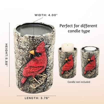 Cardinal Tealight Candle Holder, Faux Birch Resin Wood Decor, Rustic Votive Altar Centerpiece, Outdoor Garden or House Accent, Unique Bird Lover Unique Gifts for Women, Grandma & Mother in Law