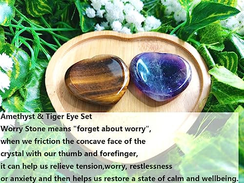QINJIEJIE 2PCS Worry Stones for Anxiety Amethyst Tiger Eye Crystals Thumb Heart Shaped Quartz Crystal Palm Polished Gemstone Pocket Massage Natural Gem Reiki Meditation Stress Relief Gift for Women - color: C-amethyst+tiger Eye
