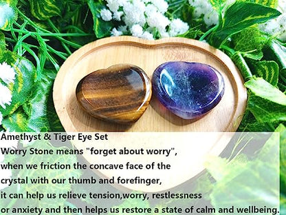 QINJIEJIE 2PCS Worry Stones for Anxiety Amethyst Tiger Eye Crystals Thumb Heart Shaped Quartz Crystal Palm Polished Gemstone Pocket Massage Natural Gem Reiki Meditation Stress Relief Gift for Women - color: C-amethyst+tiger Eye
