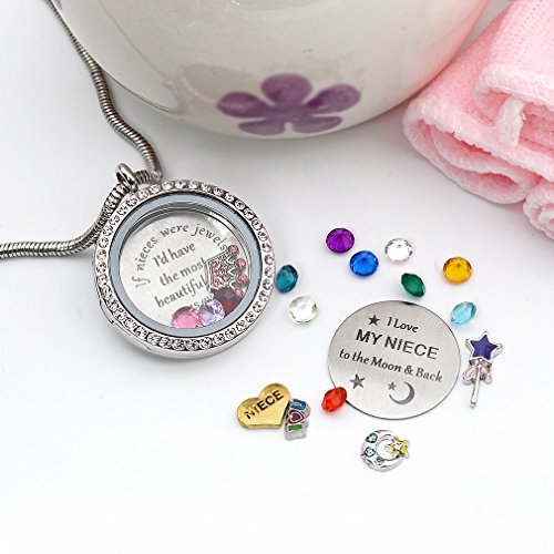 Beffy Locket Gifts for Niece Aunt, Floating Living Memory Necklace Pendant | Pendant Charm & Birthstone for Women, Mothers Day, Birthday, Stainless Steel - color: NiecesAunt-C001