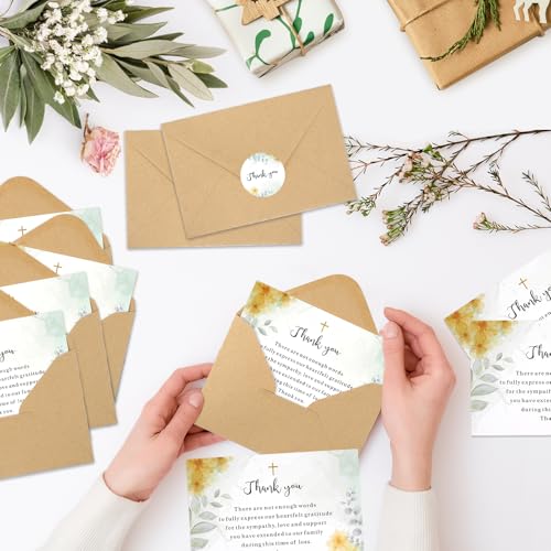 50 Set Funeral Thank You Cards with Envelopes and Matching Seal Stickers,Thank You Sympathy Cards with Message,Bereavement Sympathy for Funeral Family Friends Loved Ones（flowers） - style: Flower